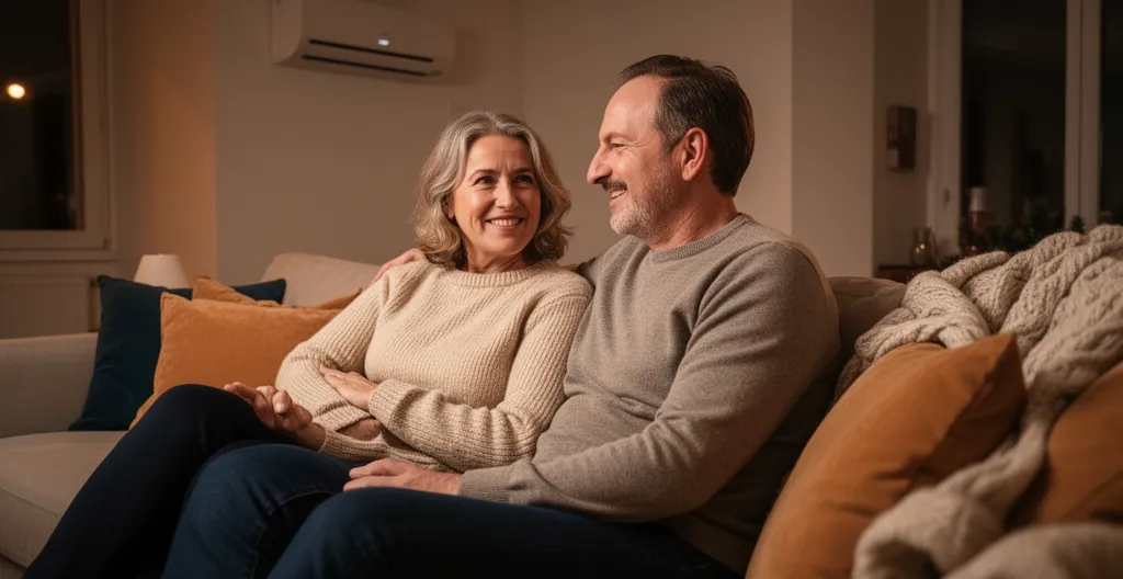 Couple français détendu dans un salon confortable avec climatiseur réversible visible