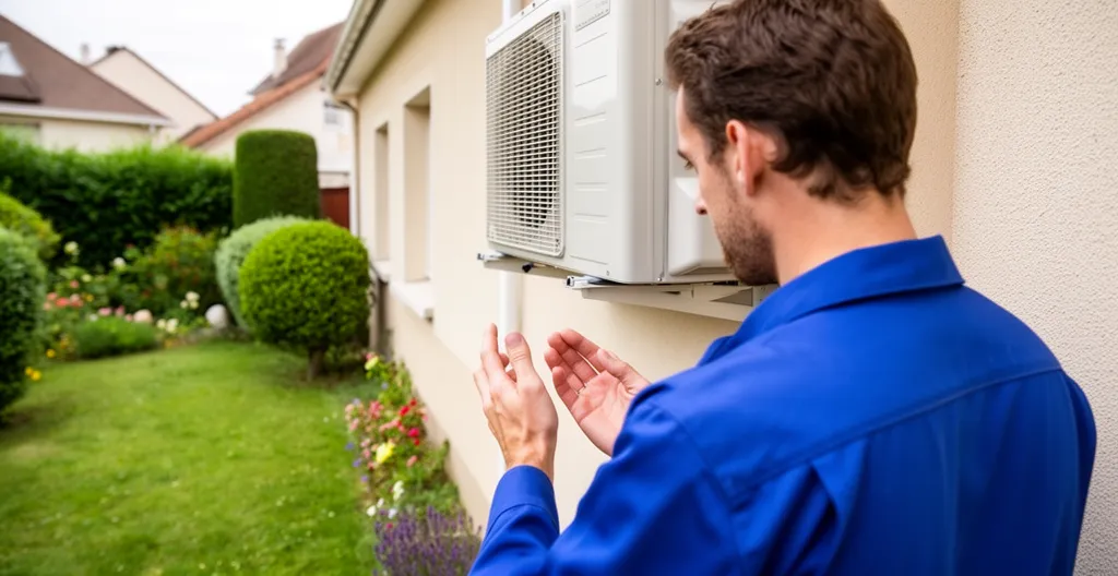 Technicien climaticien inspectant une unité extérieure de climatisation réversible sur façade maison