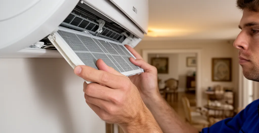 Technicien effectuant la maintenance du filtre d'une unité intérieure de climatisation