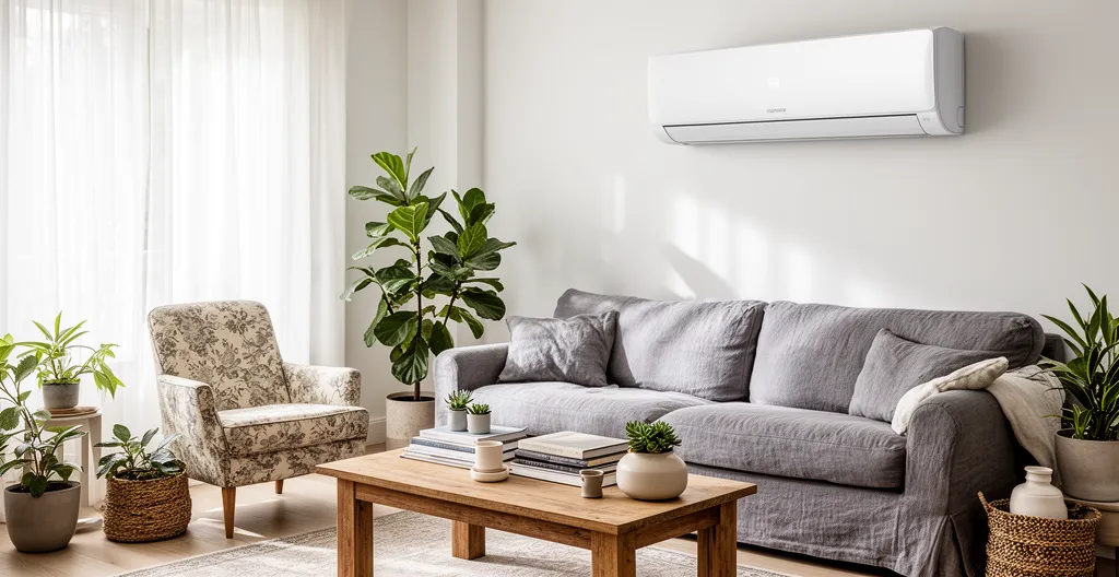 Unité intérieure de climatisation réversible murale dans un salon français moderne